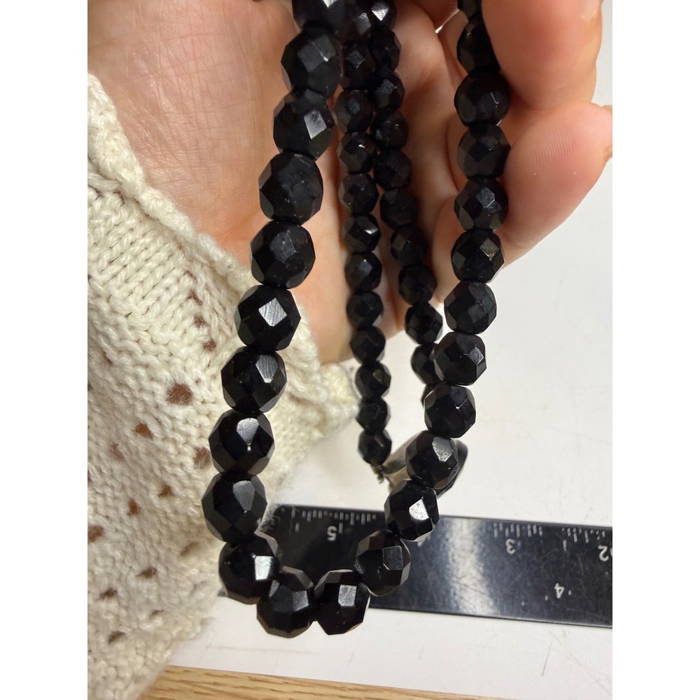 Vintage Black Faceted Glass Bead Necklace Decorative Box Clasp 17 Inch Strand